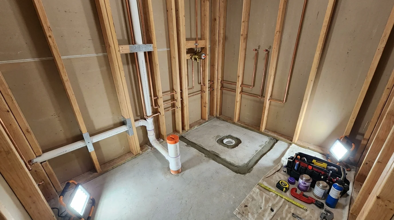 Bathroom rough-in plumbing during remodel by Johns Plumbing LLC in Ronkonkoma