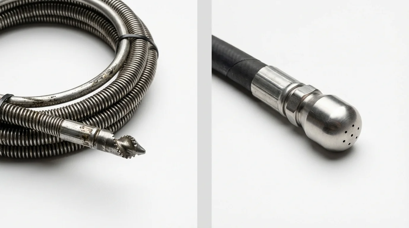 Drain snake cable and hydro jetting nozzle used for drain cleaning in Ronkonkoma, NY