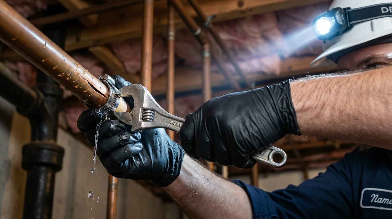 Emergency pipe clamp repair being performed by a Johns Plumbing LLC plumber in Ronkonkoma