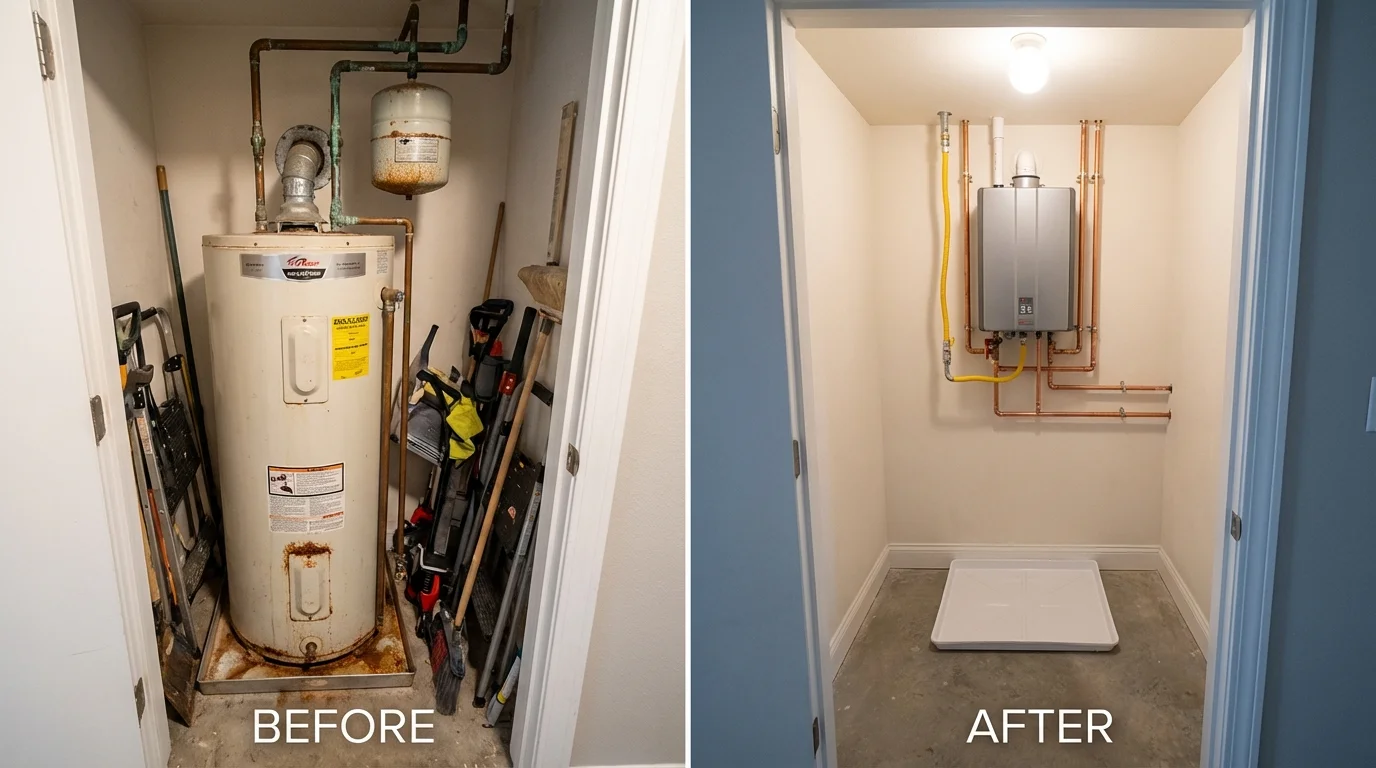 Tank water heater versus wall-mounted tankless unit comparison for Ronkonkoma, NY homeowners