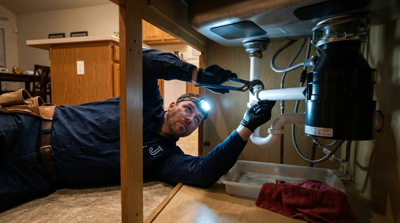 P-trap and supply line connections under a kitchen sink showing a common leak point in Ronkonkoma, NY